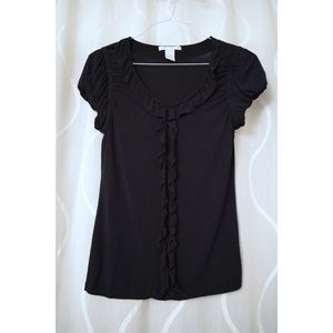 Black Ruffle V-neck Short Sleeve Dressy Top | Size M
